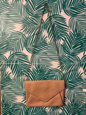 Halogen Neutral Tan Leather Envelope Clutch with Chain Strap